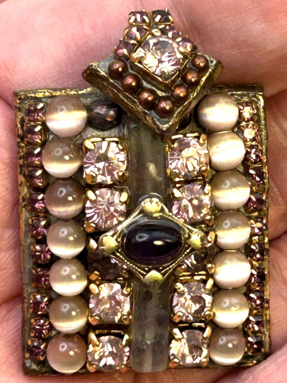 Michal Golan Mosaic Pendant Pink Crystals Cats Eye Pearl Signed